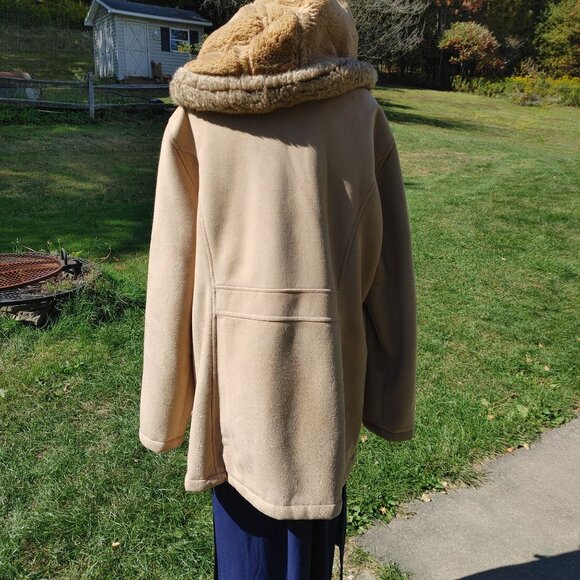 Nautica Mid Length Coat Tan Zip Toggle Closure Faux Shearling Hooded Pockets - Picture 10 of 12